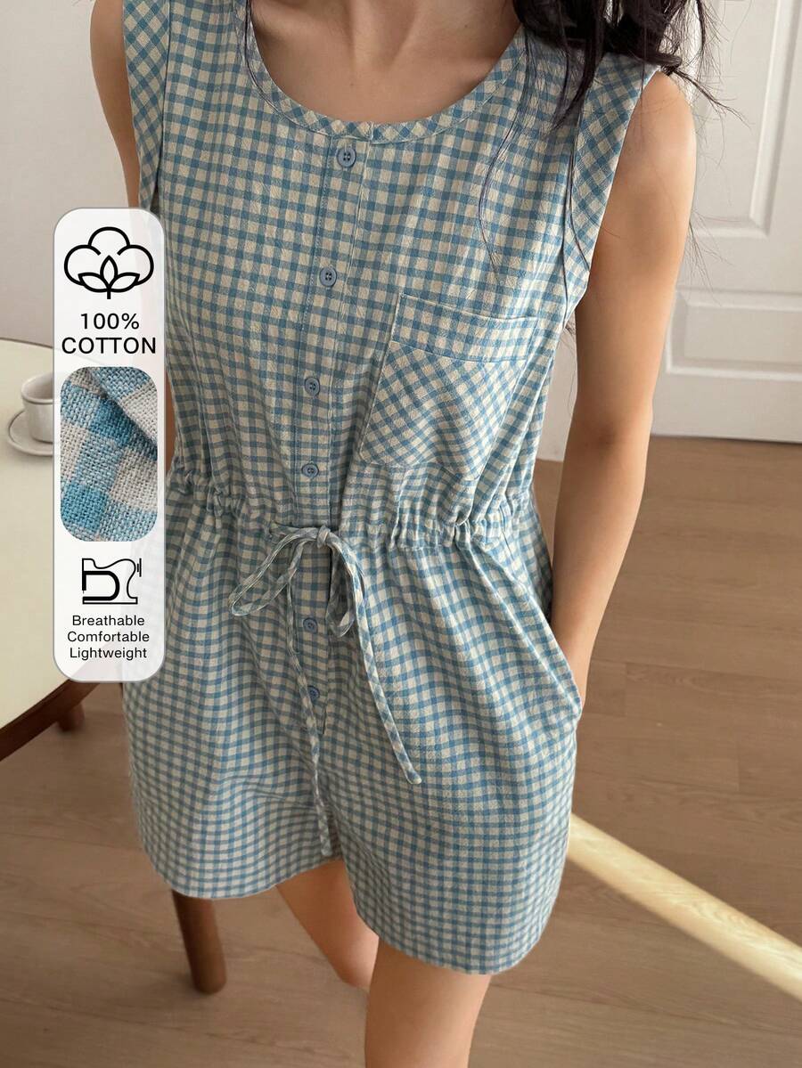 DAZY Plaid Cinched Waist Cropped Jumpsuit For Women, Loungewear