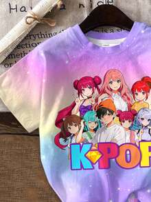 两件套少女休闲韩流女团字母星形印花渐变扎染圆领短袖T恤和短裤套装，适合度假、派对、日常穿着、演唱会、夏季等场合。 - 彩色 - 查看 5