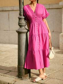Maija Vestido midi de mujer casual con parches de encaje, fruncido, de manga corta y abotonadura sencilla, adecuado para primavera y vacaciones, estilo bohemio - Rosa Fucsia - Ver 3