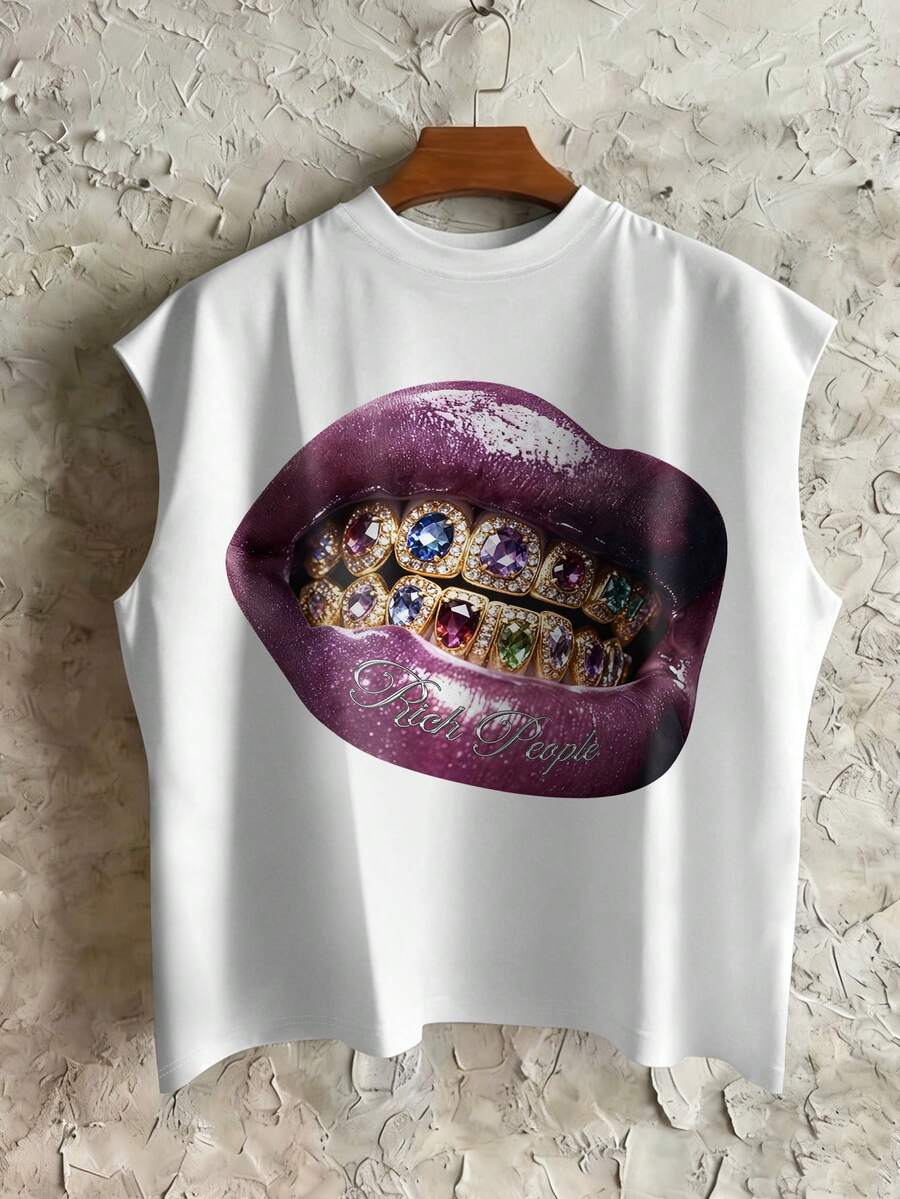 Manfinity EMRG Men's Lip Print Round Neck Casual Versatile Tank Top Mouth Graphic Tee Spring To Summer - White - View 1