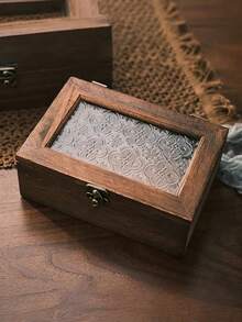 1 hộp đựng trang sức bằng gỗ thủ công kiểu cổ điển - Có nắp kim loại dập nổi, hộp đựng đồ bằng gỗ màu nâu kiểu retro có khóa cài, hộp đựng đồ để bàn kiểu Bắc Âu dùng để đựng trang sức, phụ kiện nhỏ, mỹ phẩm. - Màu gỗ - Xem 9