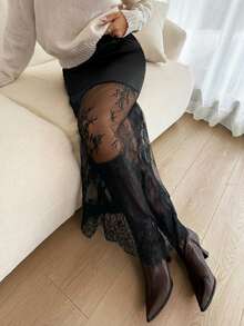 Siren Gaze Women's Elastic Waist Fashionable Elegant Lace Patchwork Skirt - Black - View 5