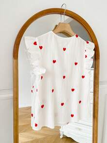 SHEIN Frenchy Women's Casual Heart Embroidery Textured Ruffle Hem Blouse, Summer - White - View 3