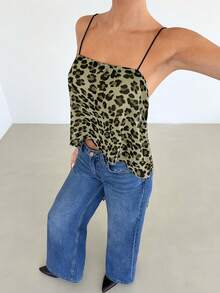 Siren Gaze 女款露背豹紋不對稱下擺繫帶背心上衣，夏季時尚夜店海灘度假豹紋露背上衣 - 軍綠色 - 查看 3