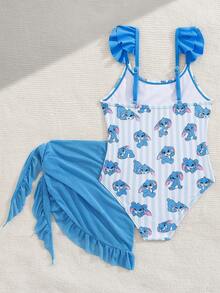 SHEIN GraphicGems Young Girls' Knitted Rabbit Print One-Piece Swimsuit With Shoulder Straps And Ruffle Design, Fashionable And Cute For Holiday, Swimming, Summer Beach - Blue - View 2