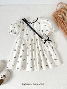 Cozy Pixies 2pcs/Set Baby Girl Bow Decor Round Neck Puff Sleeve Waist Tie Dress & Crossbody Bag,White And Black Summer Cute Family Matching Cotton Toddler Dress - Apricot - View 6
