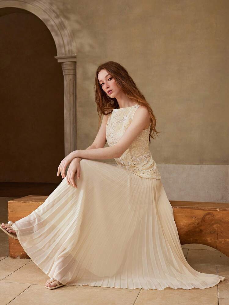 WOMEN'S ELEGANT LONG PLEATED DRESS WITH TEXTURED FABRIC, SUITABLE FOR DATES, SPRING/SUMMER