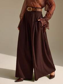 CLARA VERO Women's High Waist Contrast Color Belt Double Pleated Slant Pocket Wide Leg Pants - Brown - View 1