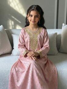 SHEIN رمضان Tween Girls' Casual Graphic Long Sleeve جلابيه  Dress الملابس التقليدية العربية