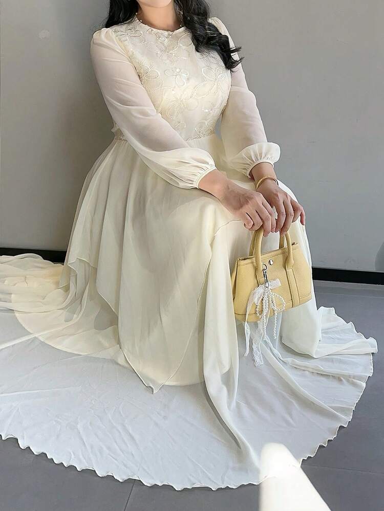 Dazy Plus Plus Size Women's Elegant Lantern Sleeve Rhinestone Embroidered Chiffon Waist Dress, Spring/Summer Sundress