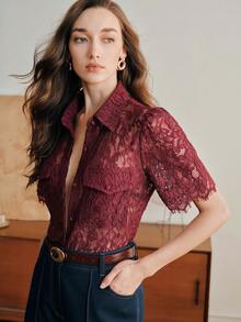 Anewsta 女士优雅蕾丝性感活力时尚镂空短袖上衣，春夏款 - 酒紅色 - 查看 4