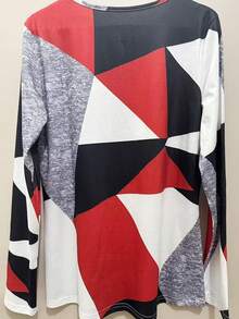 EMERY ROSE Áo thun nữ họa tiết hình học phối màu thanh lịch cổ điển thời trang tay dài cổ chữ V dáng suông mặc hàng ngày cuối tuần có khóa kéo màu rượu vang mùa xuân thu - Nhiều màu - Xem 2