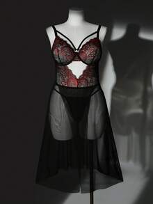 SHEIN 2pcs Plus Size Sexy Lingerie Set With Mesh And Contrast Lace - Multicolor - View 3