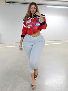 MelDlgn Plus Size Women's Letter Pattern Color Block Short PU Leather Jacket, Motorcycle/Racing/Pilot Jacket, Versatile Outerwear For Autumn/Winter Race Car Jacket Women Racing Jacket Women Red And Black Racing Jacket Moto Jacket Women Women Motorsport Jacket; Leather Racing Jacket - Multicolor - View 1