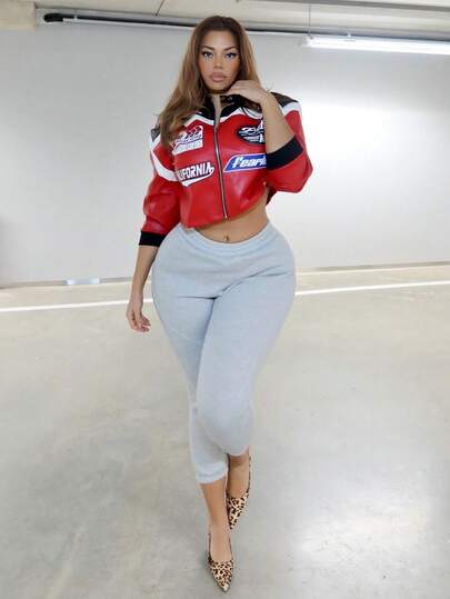 MelDlgn Plus Size Women's Letter Pattern Color Block Short PU Leather Jacket, Motorcycle/Racing/Pilot Jacket, Versatile Outerwear For Autumn/Winter Race Car Jacket Women Racing Jacket Women Red And Black Racing Jacket Moto Jacket Women Women Motorsport Jacket; Leather Racing Jacket