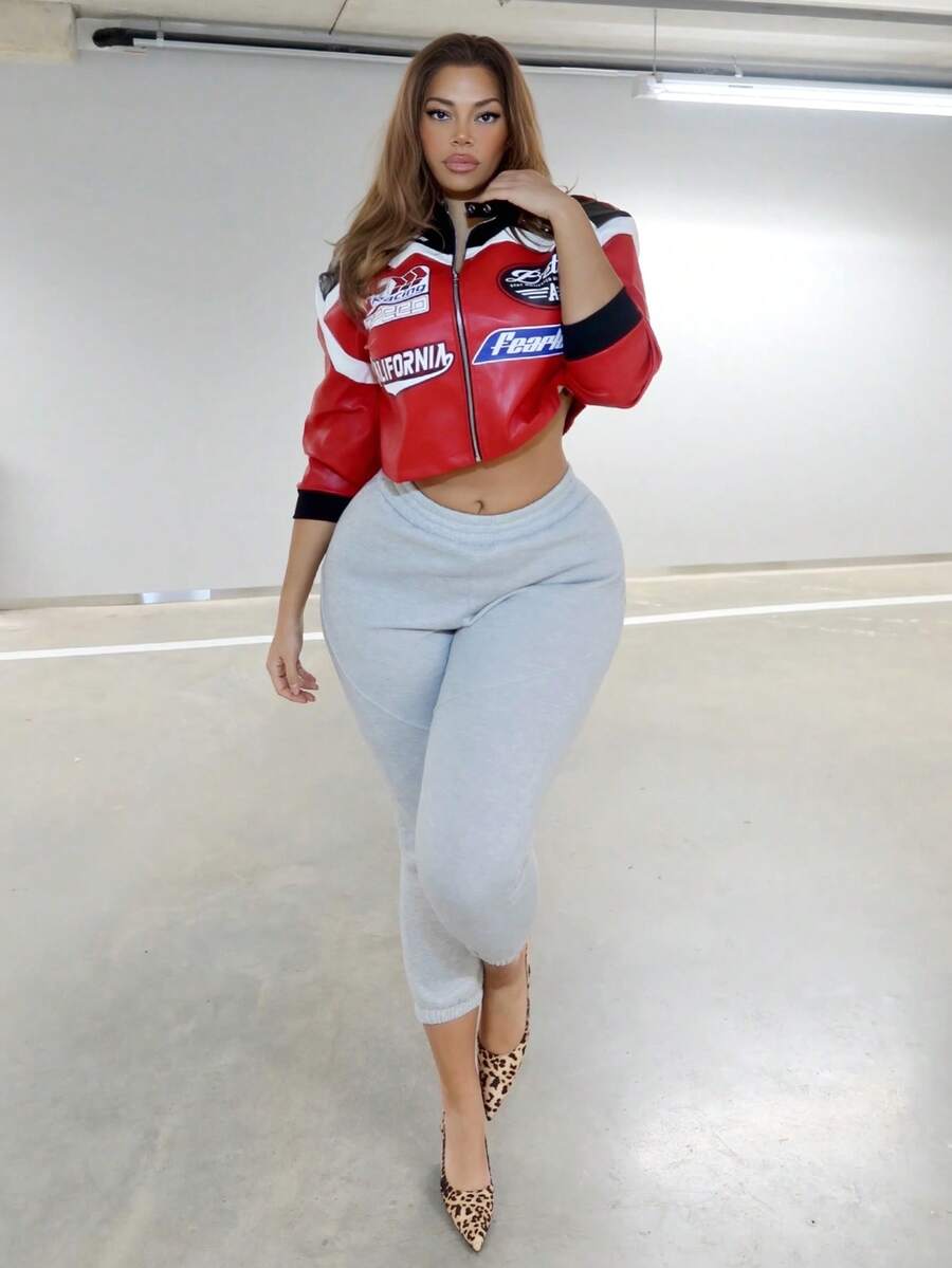 MelDlgn Plus Size Women's Letter Pattern Color Block Short PU Leather Jacket, Motorcycle/Racing/Pilot Jacket, Versatile Outerwear For Autumn/Winter Race Car Jacket Women Racing Jacket Women Red And Black Racing Jacket Moto Jacket Women Women Motorsport Jacket; Leather Racing Jacket - Multicolor - View 1