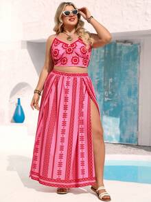 Vivid Eden Plus Size Women V-Neck Camisole Top & High Slit Maxi Skirt,Pink Boho Striped Print 2-Piece Set,Summer Beach Holiday Outfits,Criss-Cross Back Sundress - Hot Pink - View 7
