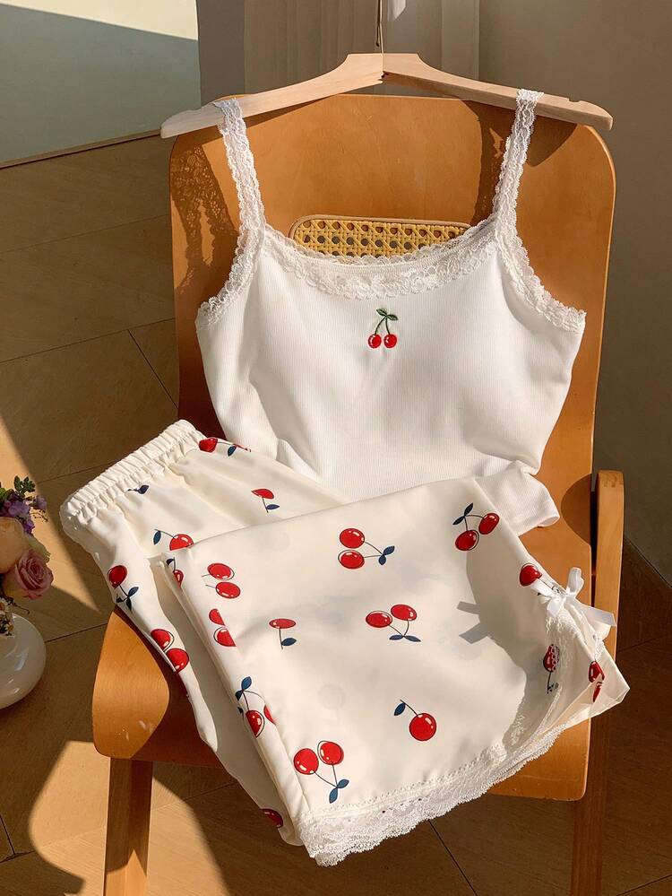 Comfortcana Conjunto de 2 peças com Alça e Regata com Estampa de Frutas e Renda, Estilo Casual e Doce para Tamanhos Grandes, Primavera/Verão - Branco - Visão 9