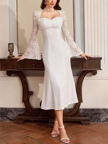 Vintamour Váy hoa trắng thanh lịch phong cách vintage cho nữ, phối ren patchwork, viền bèo nhún, dáng ôm bodycon, trang phục dự tiệc cưới, tiệc cưới, mùa hè, mùa xuân, kỳ nghỉ - trắng - Xem 5
