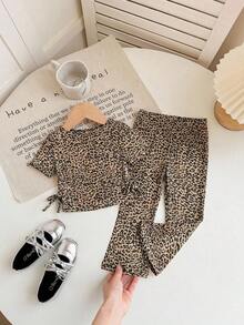 SHEIN Baby Girl Cute Casual Leopard Print Short Sleeve Top And Flare Pants Set - Multicolor - View 3