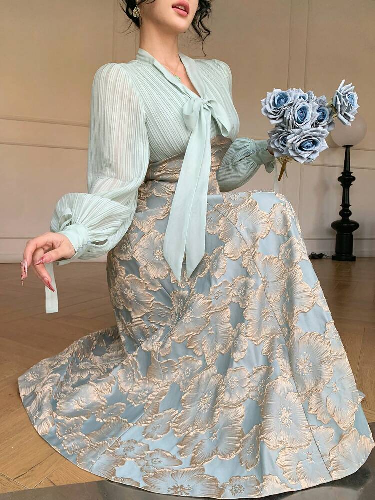 Flounce Patchwork Midi Dress For Women, Vacation Spring Wedding Guest Dress Easter Sundress