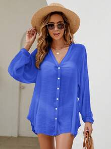 Swim Lushoire Navy Blue Summer Beach Resort Long Sleeve Open Front Women Kimono Cover Up - Royal Blue - View 4