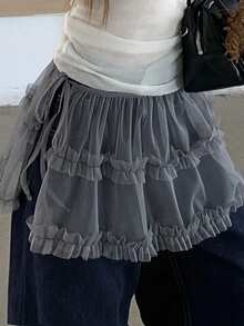 FRIFUL Women's Solid Color Sheer Mesh Fabric Layered Tie Frill Trim Loose Casual Versatile Skirt - Grey - View 7