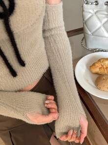 FRIFUL Women's Apricot Solid Color Inner Pocket Sleeveless Jacket, Long Sleeve Contrast Color Drawstring Bow Knit Sweater 2-Piece Set, Autumn - Beige - View 8