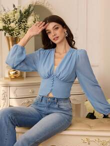 Modelyn 女士优雅法式V领褶皱腰部雪纺灯笼袖衬衫 - 藍色 - 查看 1