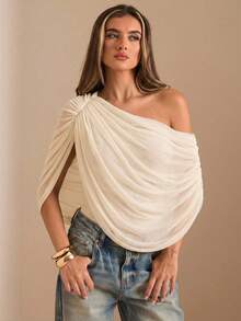 SHEIN BAE Áo liền thân dáng suông, xếp ly, trễ vai, màu nâu/cà phê trơn, kiểu dáng thanh lịch, thích hợp cho mùa Thu/Đông; Áo liền thân ôm sát, duyên dáng, kiểu dáng suông. - Màu be - Xem 5