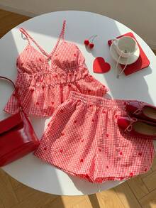 Comfortcana 红色编织女士心形格子印花吊带背心和短裤休闲套装 - 紅色 - 查看 3