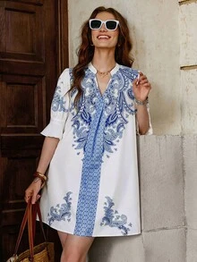 Solivie 女士中袖印花情人节春夏连衣裙，情人节套装 - 藍白色 - 查看 4