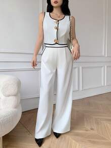 Celisse Women's Contrast Trim Round Neck Tank Top And Pants Elegant 2 Pieces Set - Beige - View 6