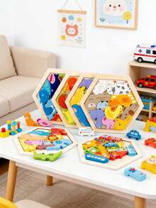 1件装木制创意3D拼图积木，包含交通、动物和水果图案，兼具认知和拼图功能，创意主题卡通叠叠乐玩具 - 彩色 - 查看 16