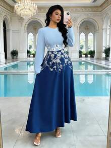 Rafferiza Đầm thêu thanh lịch và duyên dáng với dáng chữ A, cổ tròn, tay dài, eo thắt, thích hợp cho các bữa tiệc và dịp lễ, mùa xuân/hè. - Màu xanh lam - Xem 7