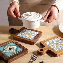 Satu Set Berisi Empat Alas Kayu Tahan Panas dengan Motif Botani - Alas Meja Dapur Tahan Panas, Bantalan Isolasi Gaya Vintage - MultiWarna - View 6
