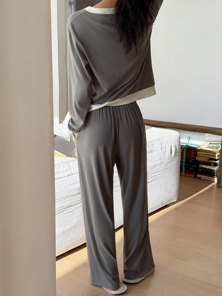 Comfortable Casual Contrast Color Patchwork Knit Women Pajama Set