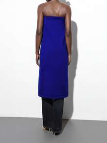 Maija 女士蓝色夏季不对称领褶裥肩部不规则长袖侧褶裥优雅时尚性感派对休闲简约修身长款连衣裙，适合日常穿着商务休闲女士端庄