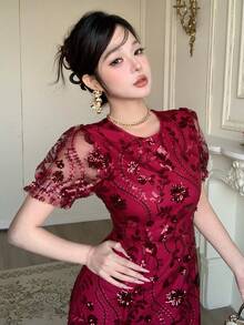 DAZY 女士度假全花卉蕾丝装饰连衣裙，女士夏季服装，毕业礼服，婚礼宾客礼服吊带裙 - 酒紅色 - 查看 3