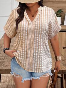 SHEIN LUNE 大码女式V领格子拼接休闲衬衫，春夏款 - 彩色 - 查看 5