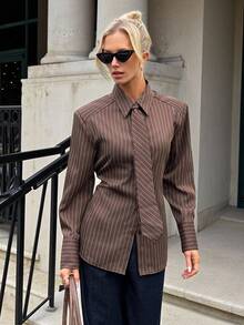 Siren Gaze 女士棕色条纹领结衬衫，秋冬季 - 棕色 - 查看 7