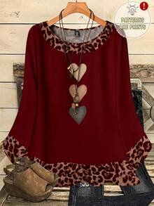 Mellowie Plus Size Women Casual All-Over Print Round Neck Loose 3/4 Sleeve Shirt, Autumn/Winter