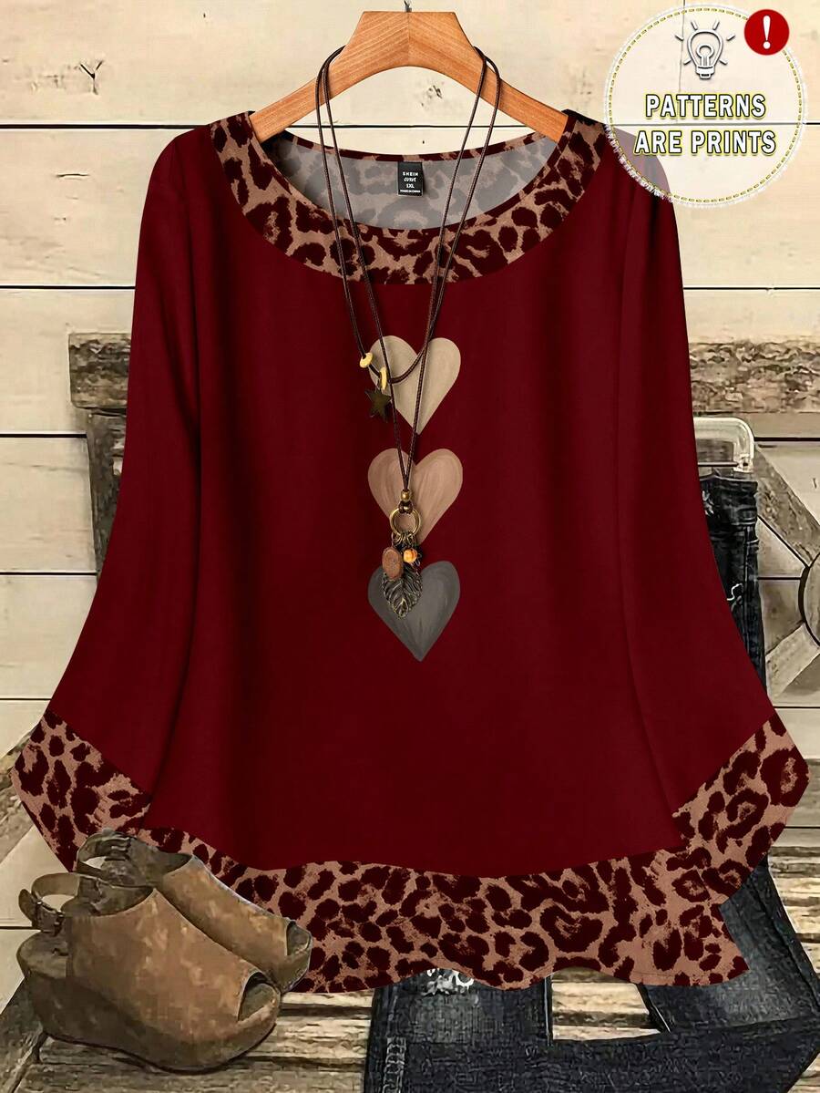 Mellowie Plus Size Women Casual All-Over Print Round Neck Loose 3/4 Sleeve Shirt, Autumn/Winter