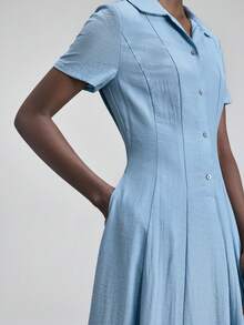 Ontre 2026春夏新款石板蓝长袖收腰喇叭下摆娃娃领连衣裙，适合现代都市派对、返校季、都市简约休闲日常穿着、波西米亚风、度假、节日、情人节狂欢、女士沙滩装、优雅派对、女士正式场合礼服 - 淺藍色 - 查看 7