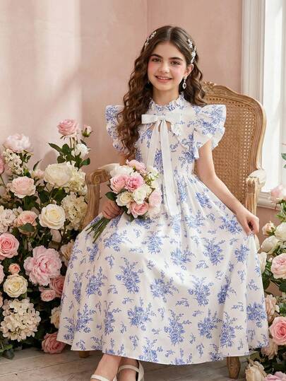 Đầm dài tay bồng trang trí nơ, họa tiết hoa thanh lịch dành cho bé gái tuổi teen, kiểu dáng 2 trong 1, phù hợp cho kỳ nghỉ, tiệc tùng và các buổi gặp mặt.