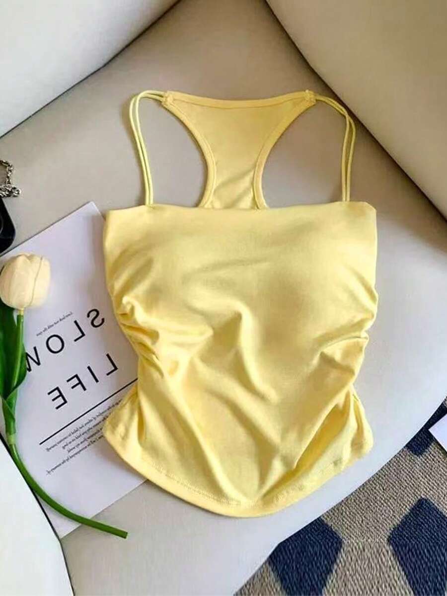 Airaco Women's Solid Color Pleated Fitted Casual Camisole - Light Yellow - View 1