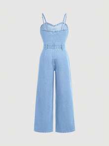 SHEIN Girlism Tween Girls Fall Clothes Trending Casual Cute Bowknot Plaeated Spaghetti Strap Denim Jumpsuit With Wide Leg Pants - Light Wash - View 2