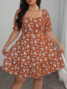 Elenzga 大码女式优雅法式蓝白碎花双层荷叶边短袖连衣裙，夏季 - 彩色 - 查看 3