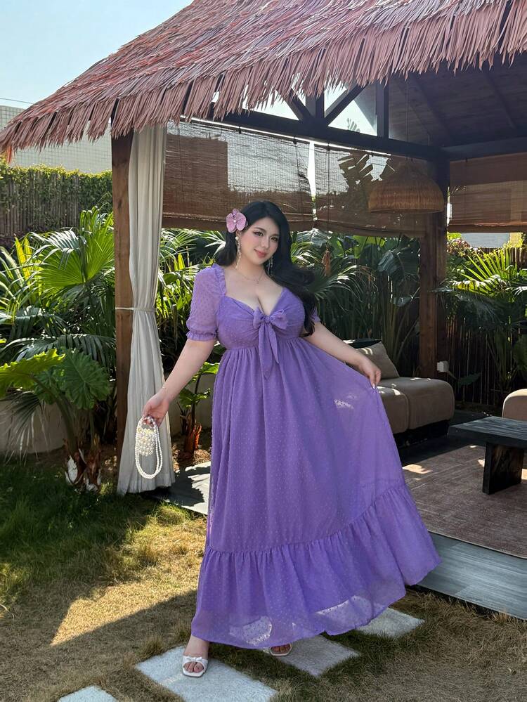 Vibekara Vestido de mujer de talla grande con diseño de giro para primavera y verano, vestido elegante y romántico de gasa jacquard con textura y manga corta, adecuado para boda, vestido formal, vestido largo de verano, vestido de ajuste relajado - Morado - Añade 8