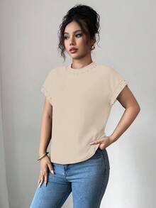 Elenzga Camiseta de mujer de cuello redondo negro de manga corta con perlas de burbujas - Albaricoque - Ver 3